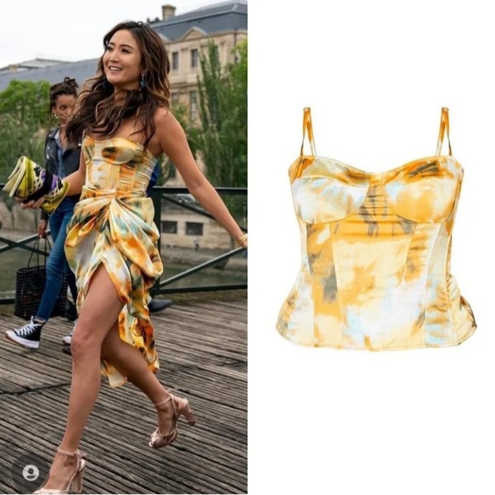 PrettyLittleThing Yellow Tie-Dye Satin Bustier Top NWT